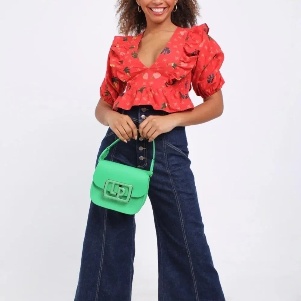 🍍 FARM Rio Red Tropical Print Ruffle Smocked Peplum Blouse (Size P / Small)